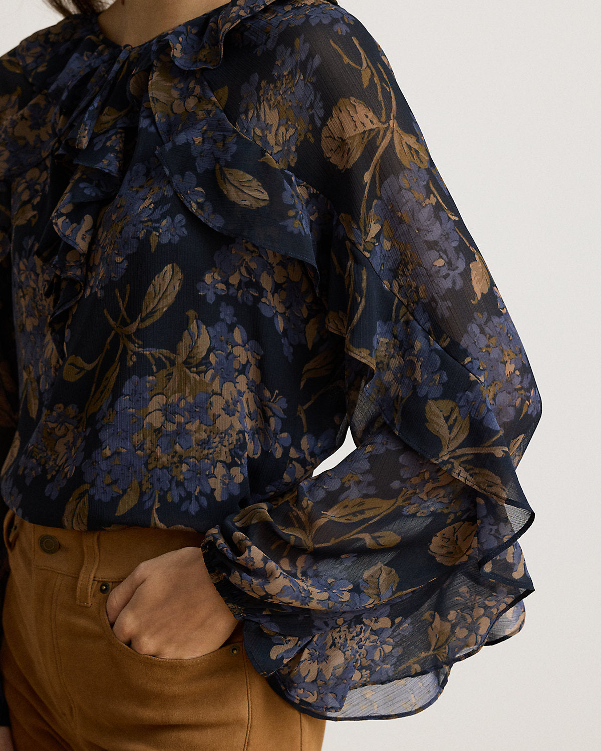 Floral Ruffle-Trim Georgette Blouse