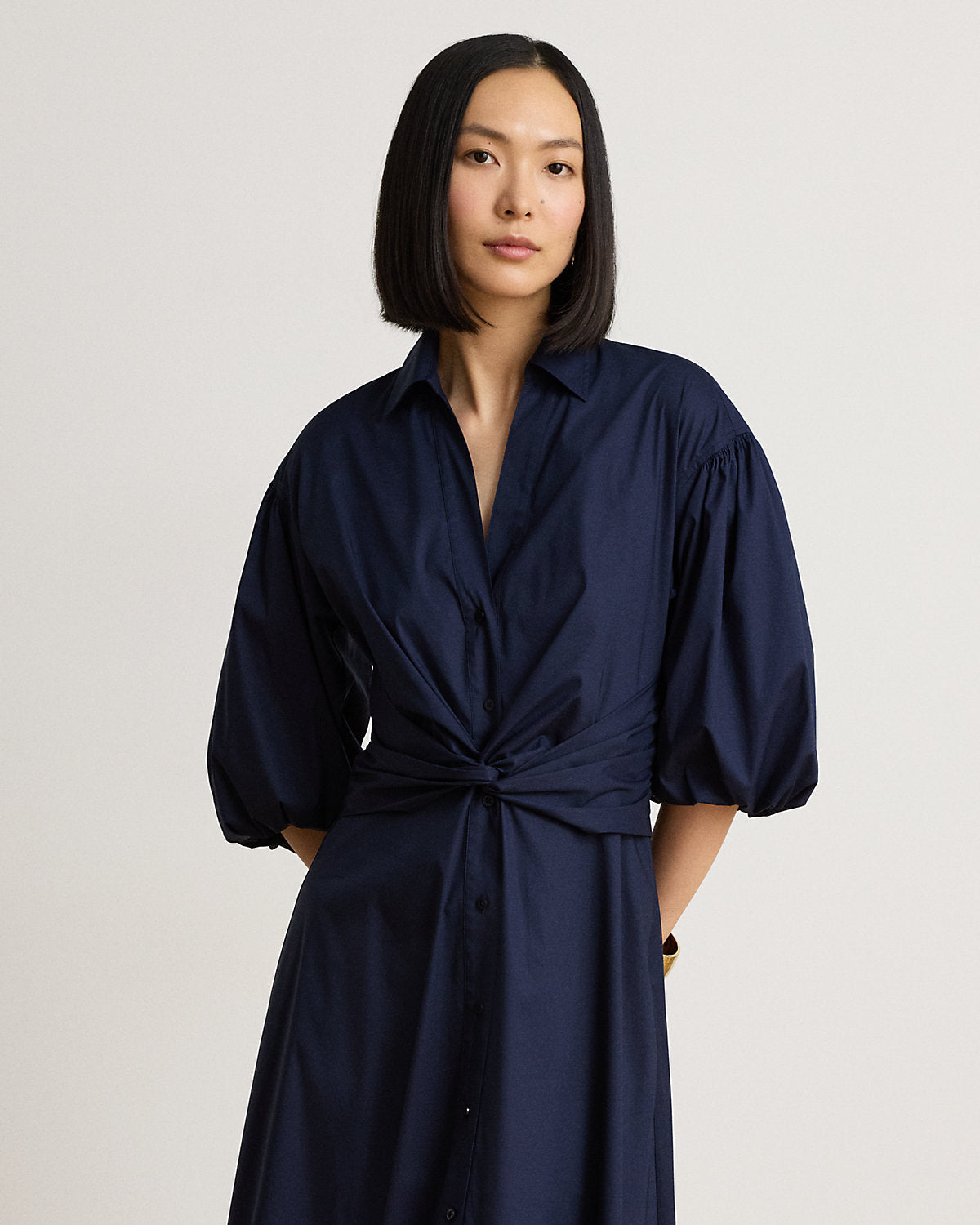 Twist-Front Bubble-Sleeve Shirtdress