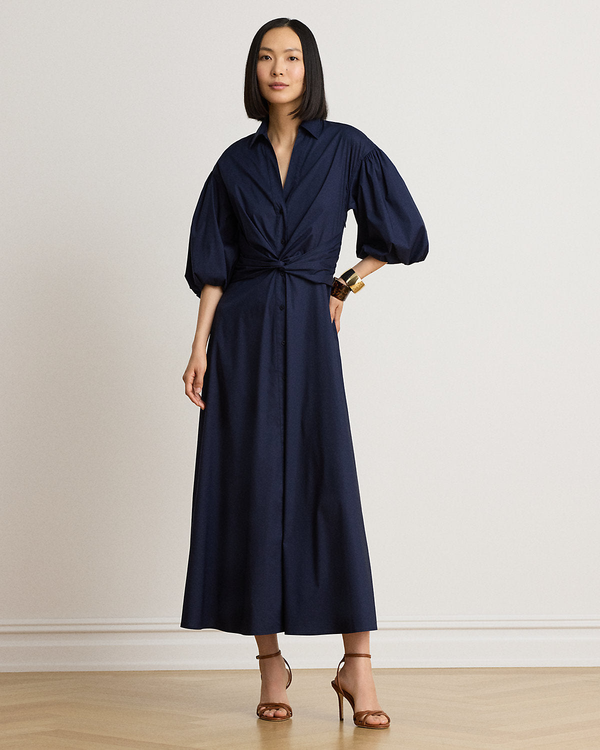 Twist-Front Bubble-Sleeve Shirtdress