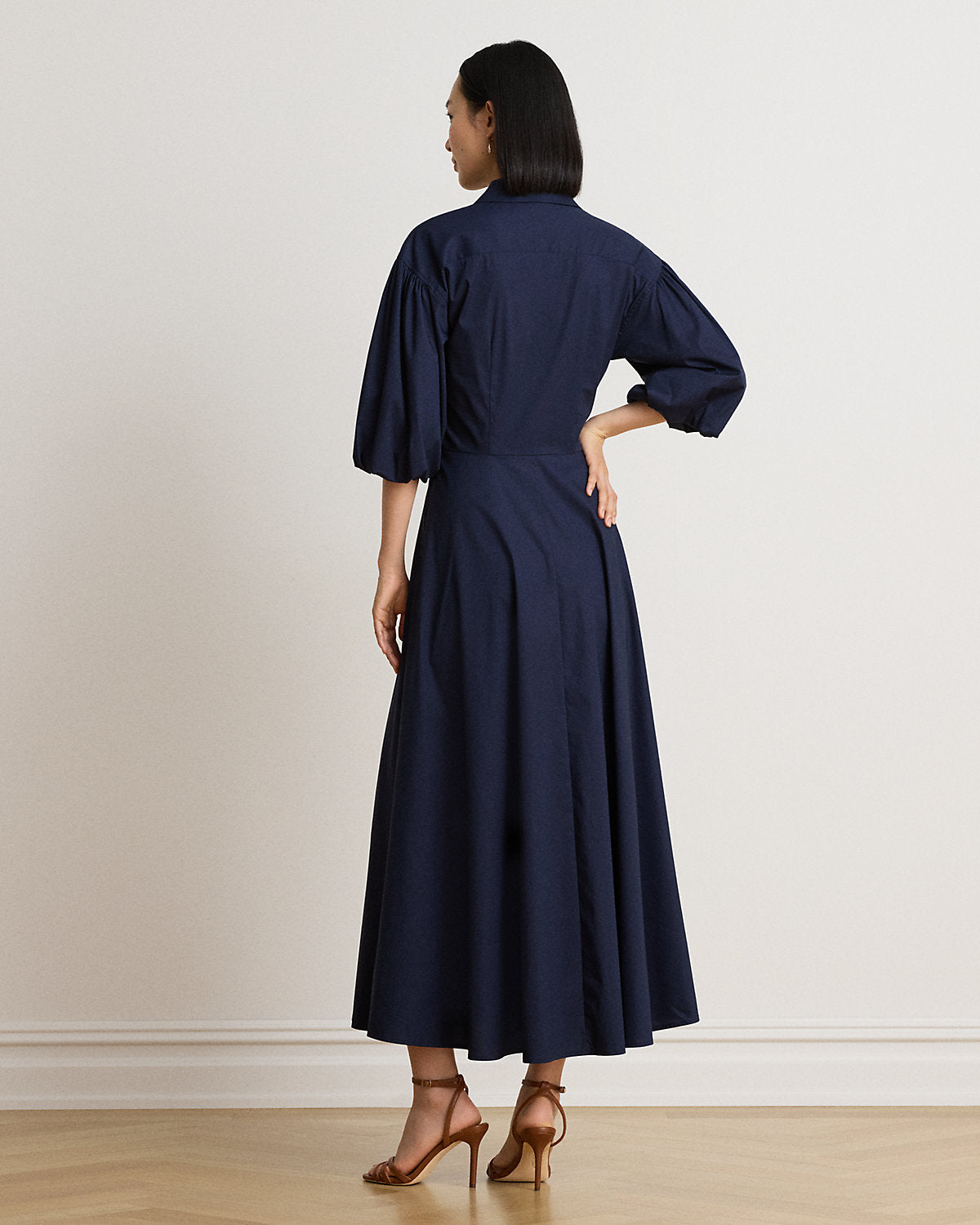 Twist-Front Bubble-Sleeve Shirtdress