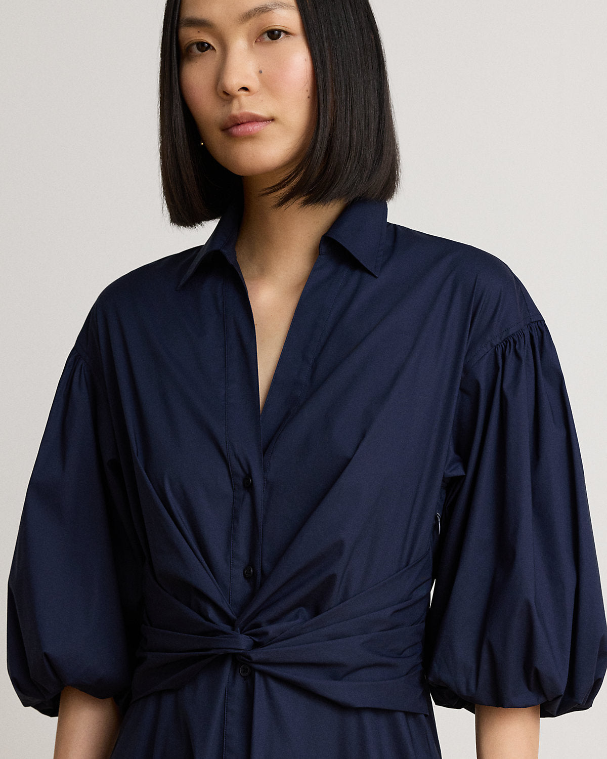 Twist-Front Bubble-Sleeve Shirtdress