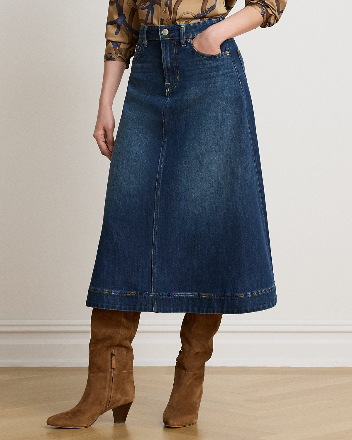 Denim A-Line Midi Skirt