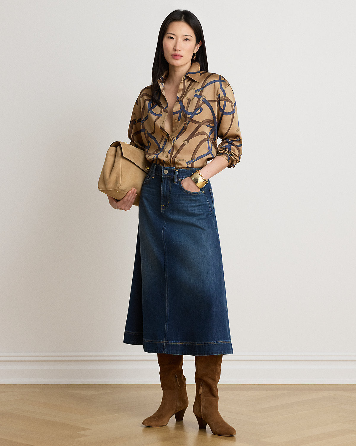 Denim A-Line Midi Skirt