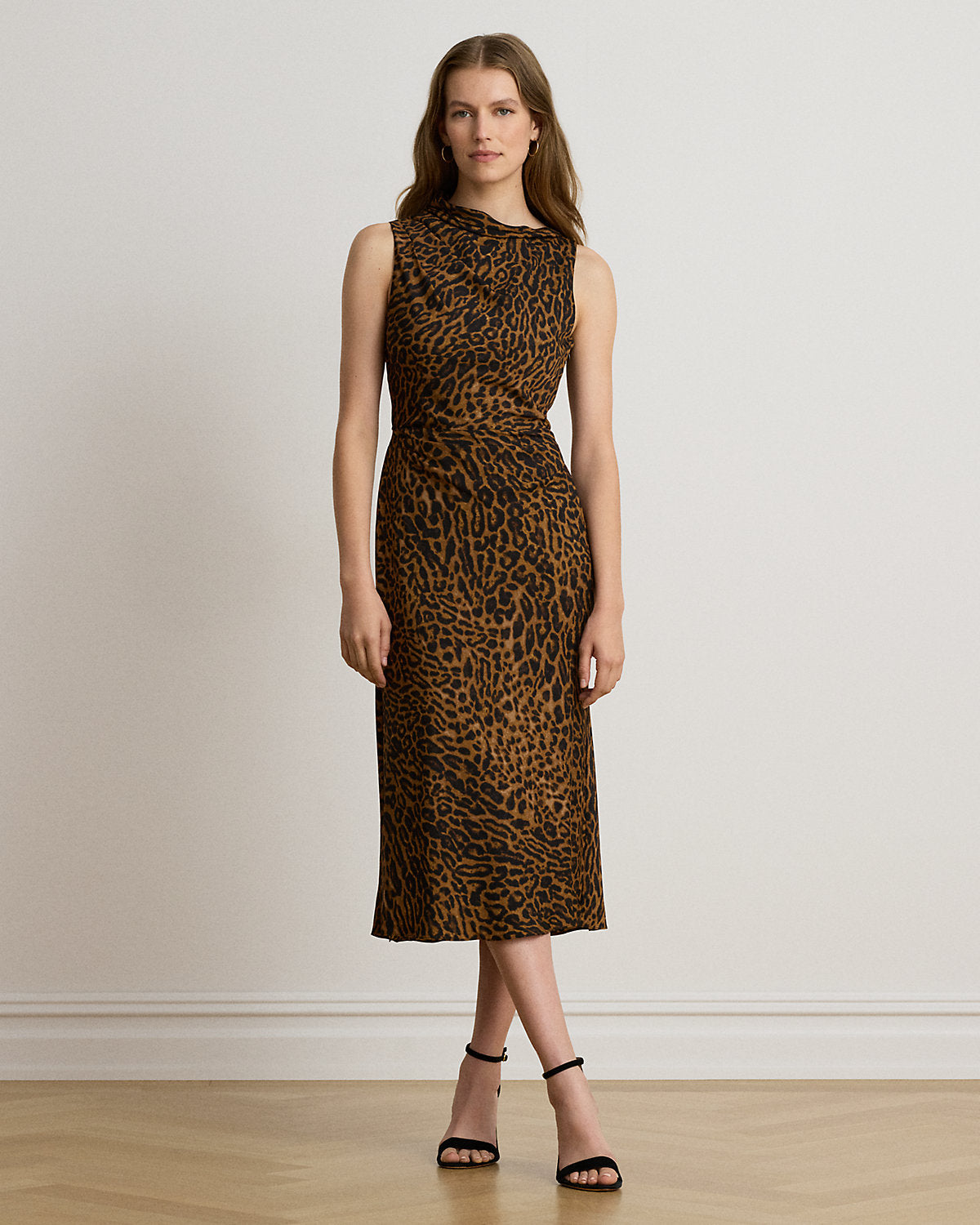 Ocelot-Print Pleated Crepe Dress