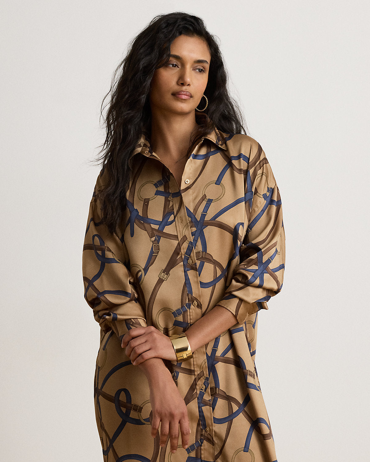 Belting-Print Twill Midi Shirtdress