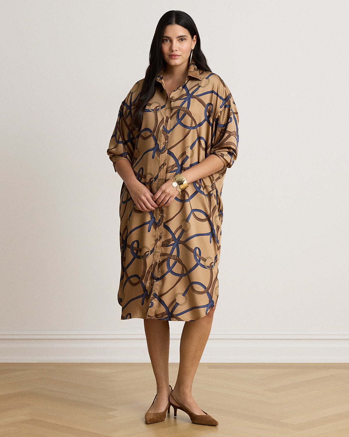 Belting-Print Twill Midi Shirtdress