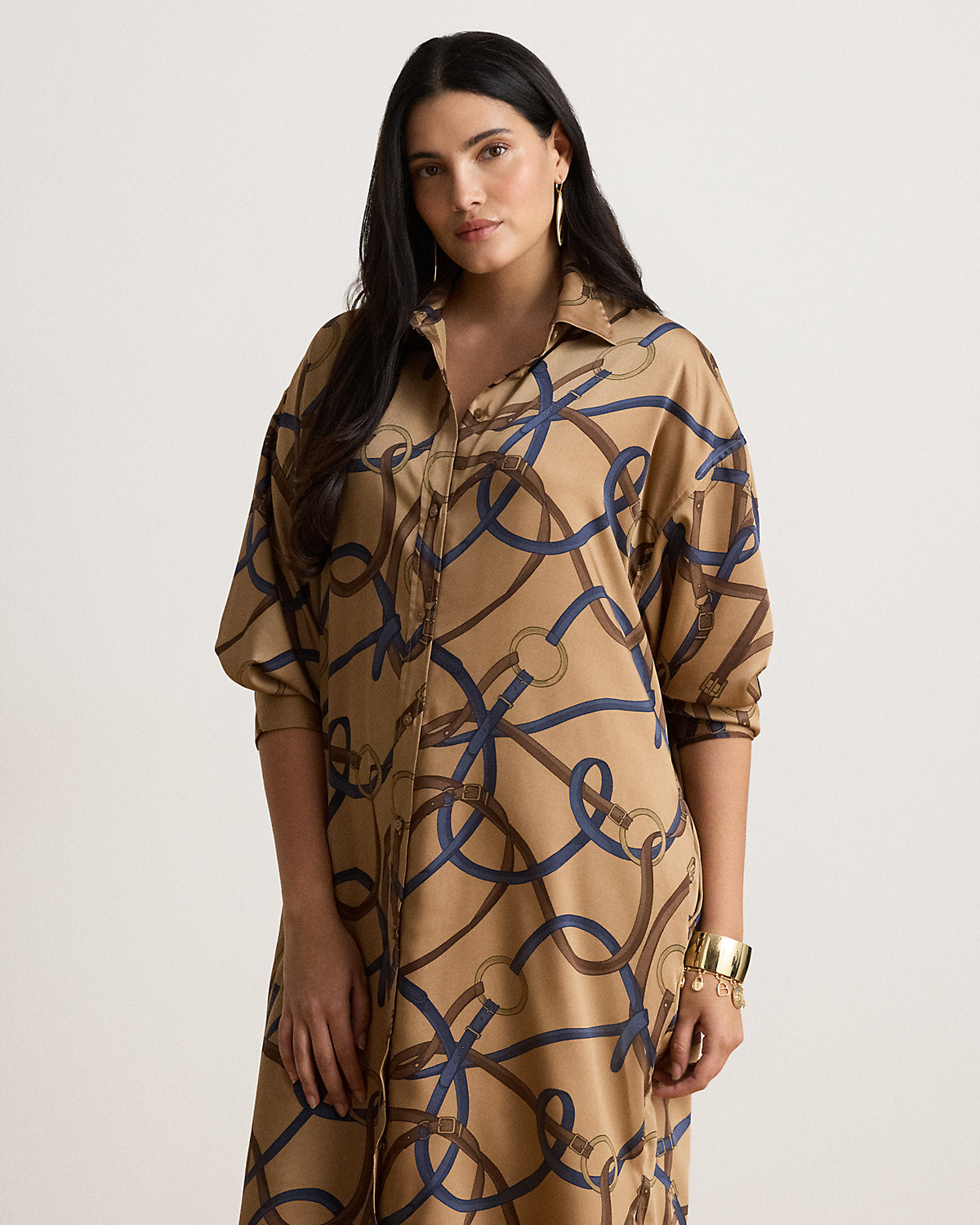 Belting-Print Twill Midi Shirtdress