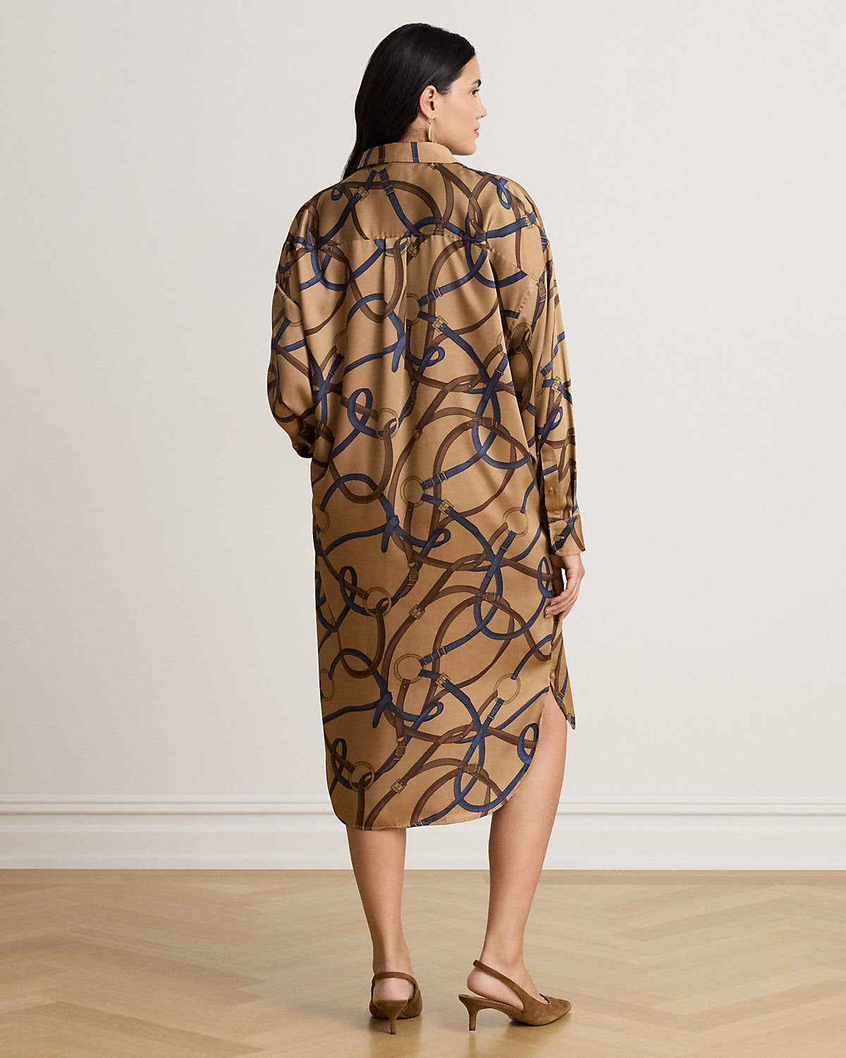 Belting-Print Twill Midi Shirtdress