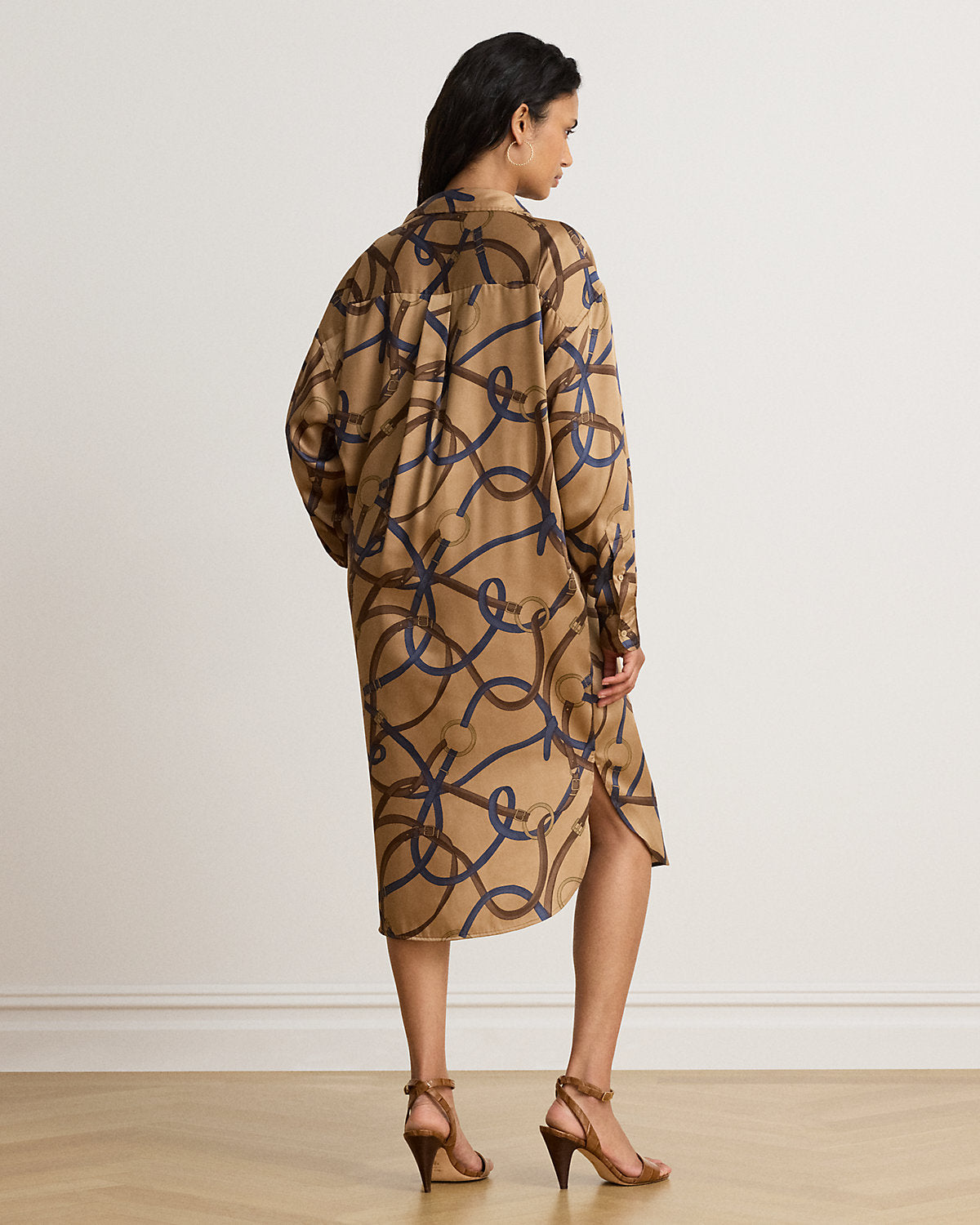 Belting-Print Twill Midi Shirtdress