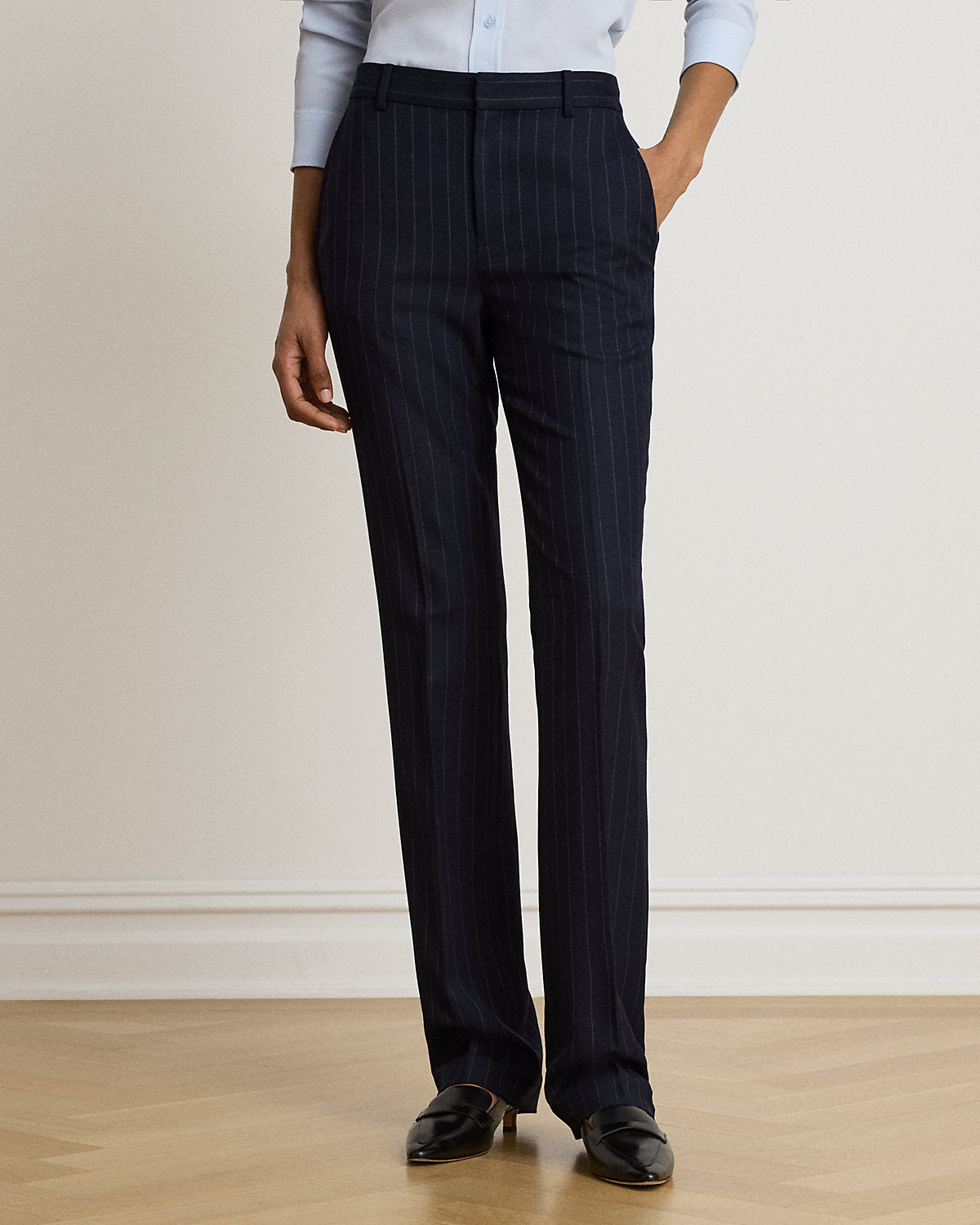 Pinstripe Wool-Blend Twill Straight Pant