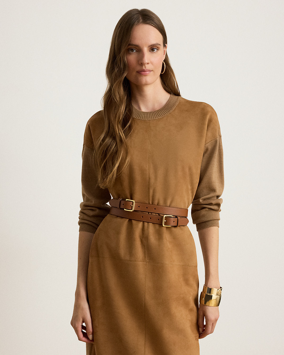 Goat-Suede & Wool Crewneck Sweater Dress