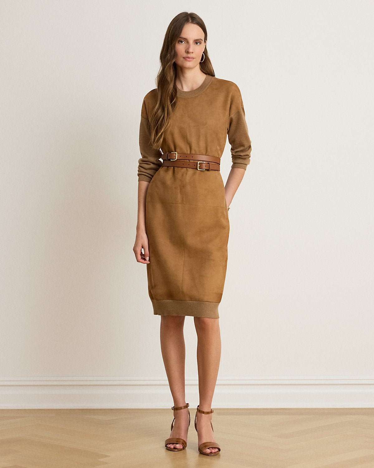 Goat-Suede & Wool Crewneck Sweater Dress
