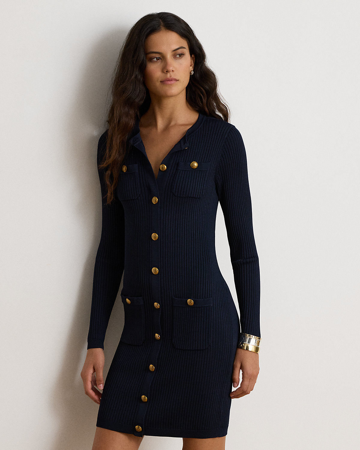 Button-Trim Rib-Knit Sweater Dress