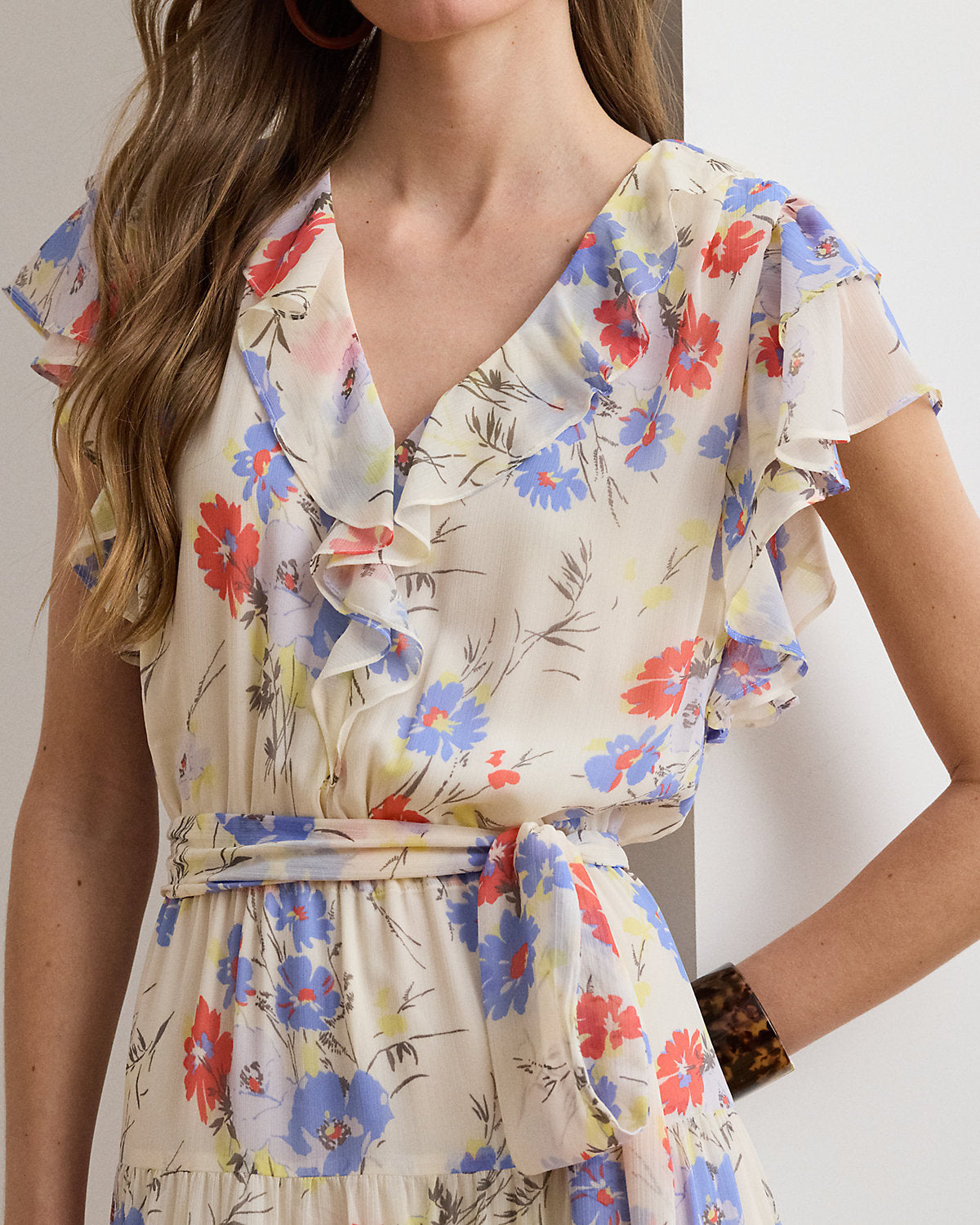 Floral Belted Georgette Tiered Dress