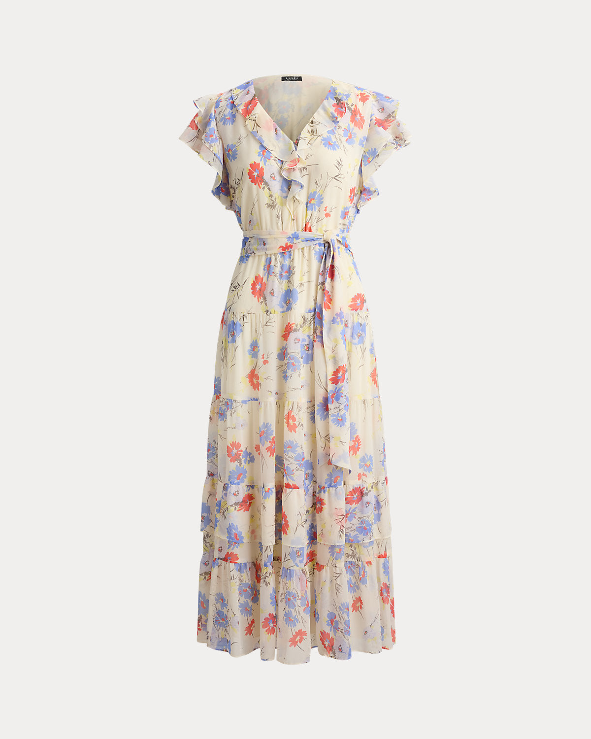 Floral Belted Georgette Tiered Dress