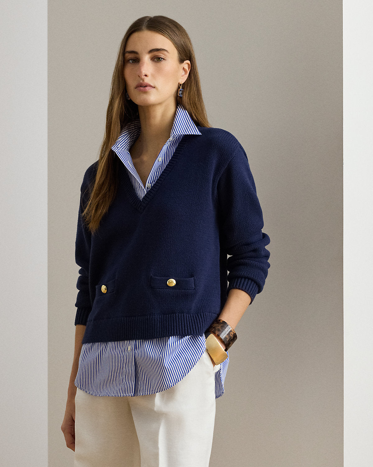 Layered Button-Trim Cotton Sweater