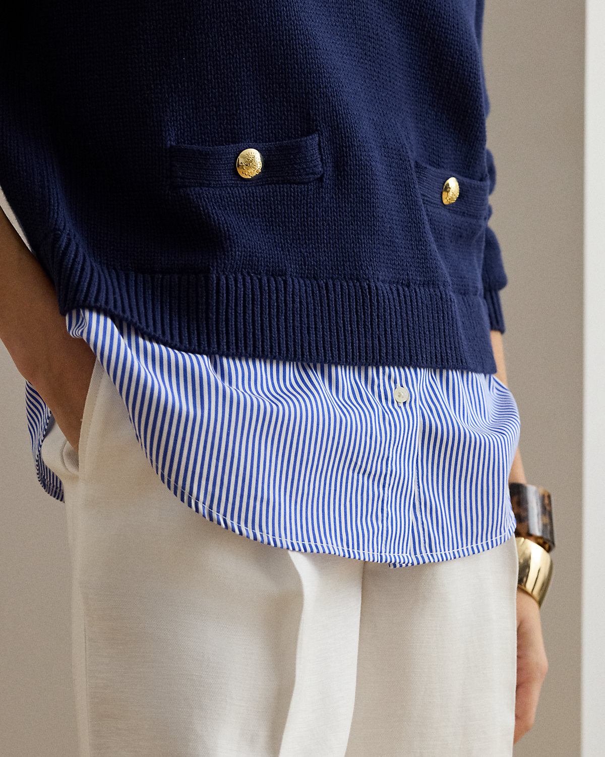 Layered Button-Trim Cotton Sweater