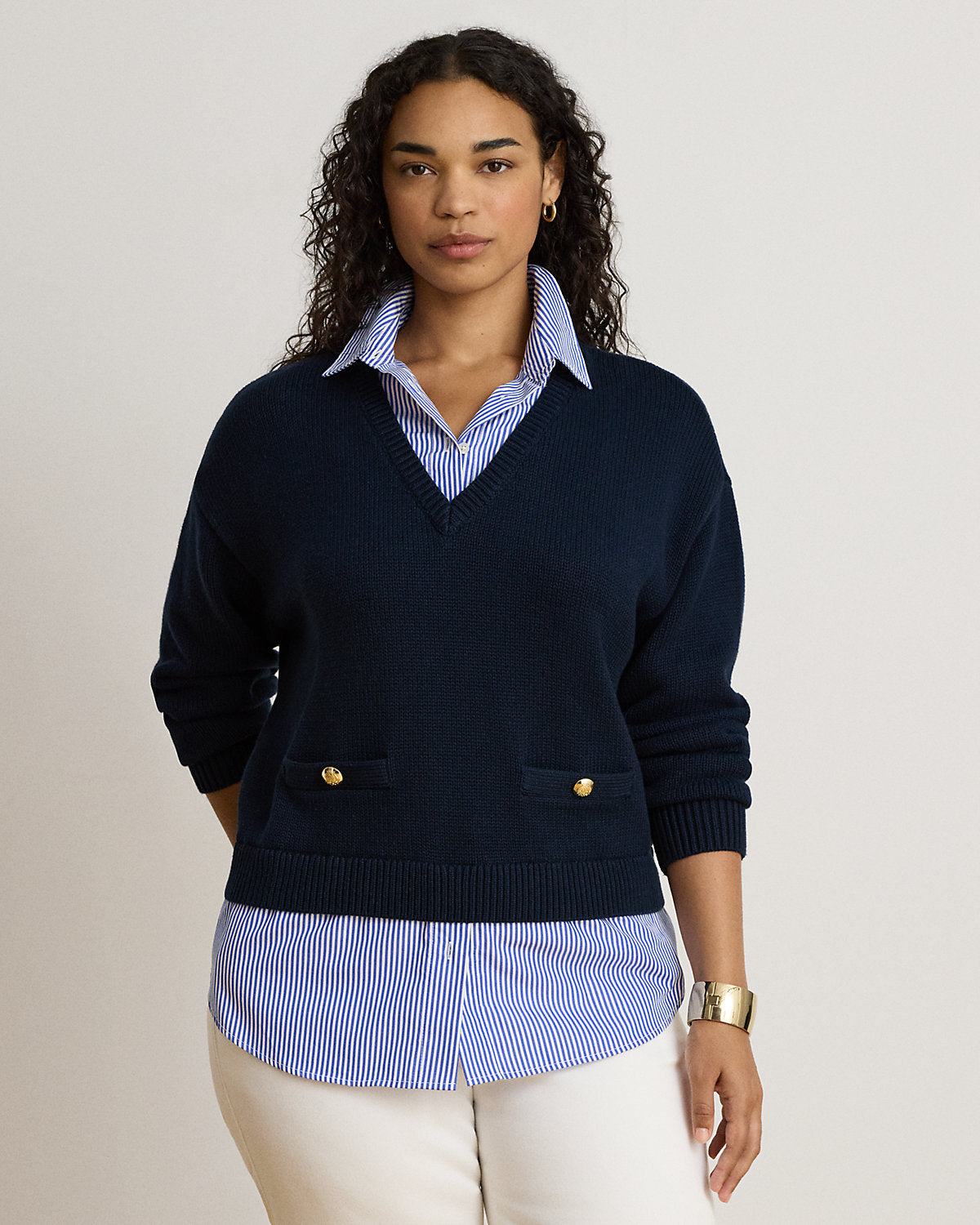 Layered Button-Trim Cotton Sweater