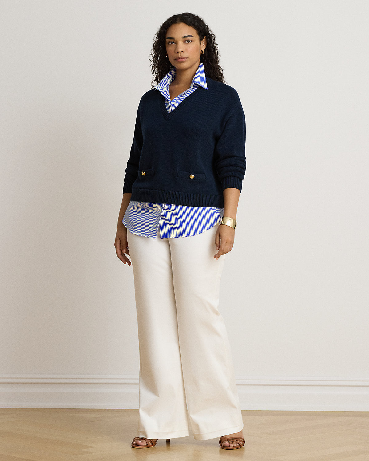 Layered Button-Trim Cotton Sweater