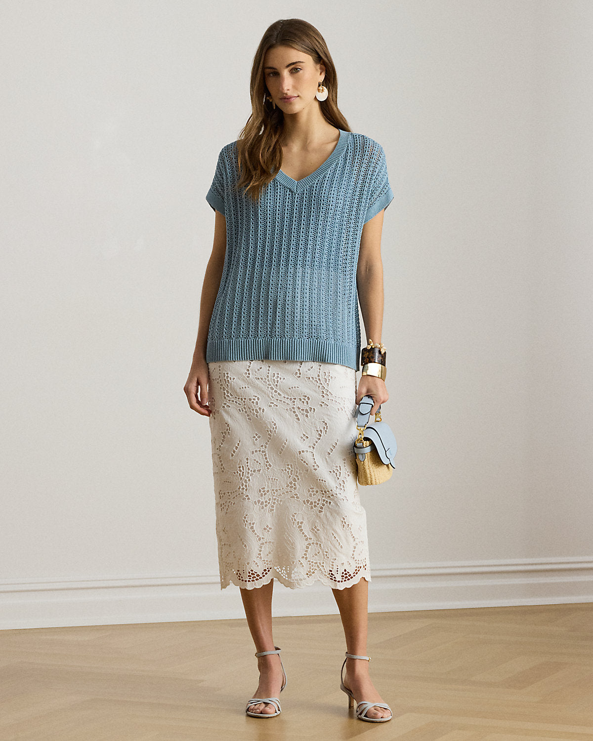 Cotton-Blend Mesh Short-Sleeve Sweater