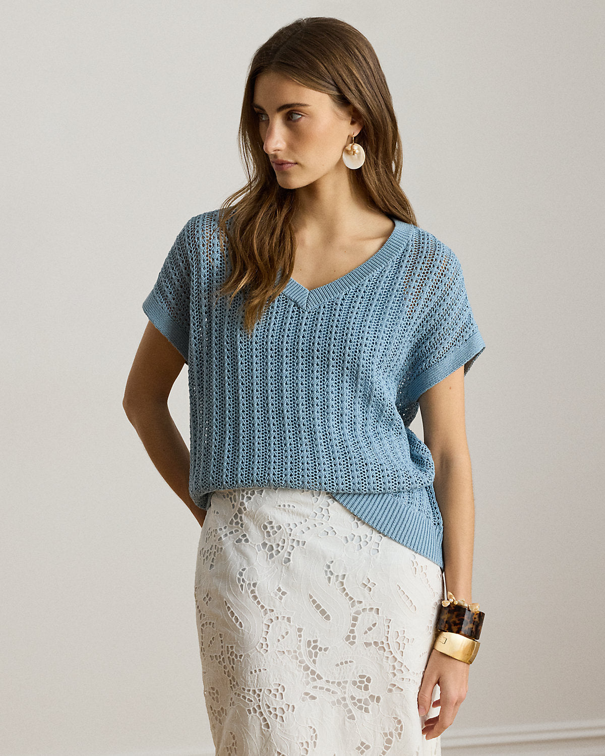 Cotton-Blend Mesh Short-Sleeve Sweater