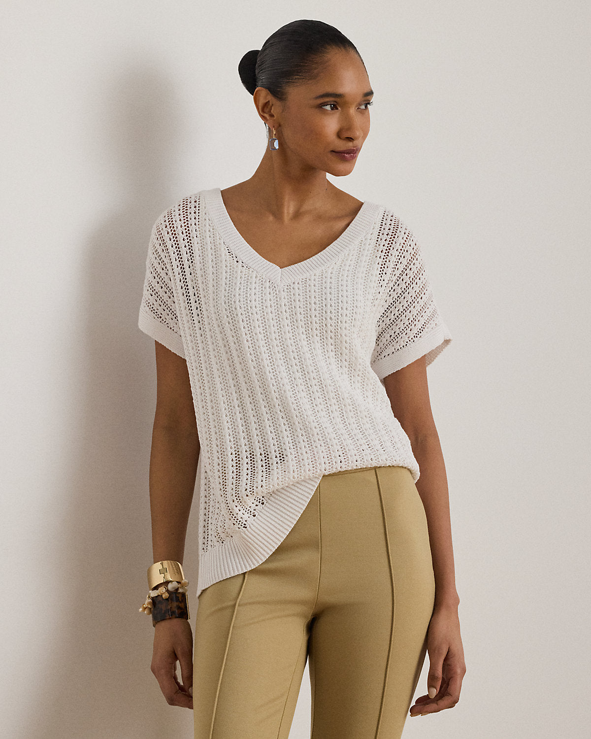 Cotton-Blend Mesh Short-Sleeve Sweater