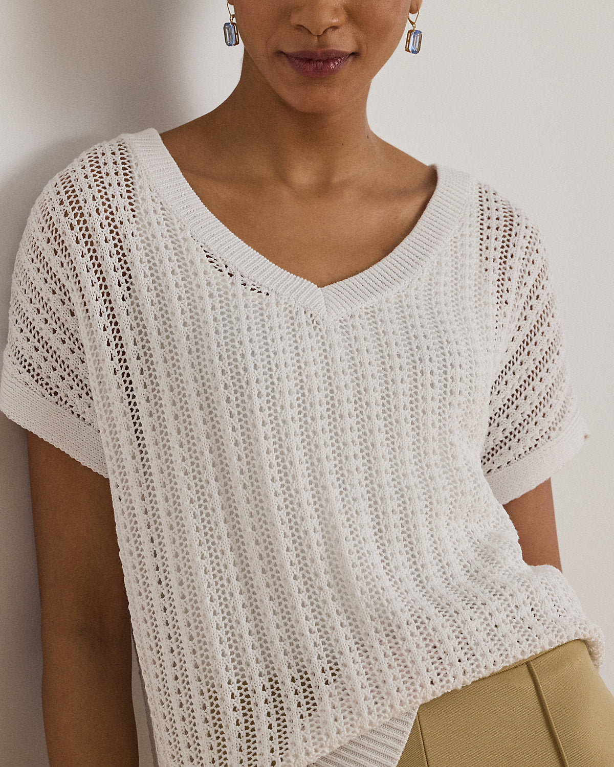 Cotton-Blend Mesh Short-Sleeve Sweater