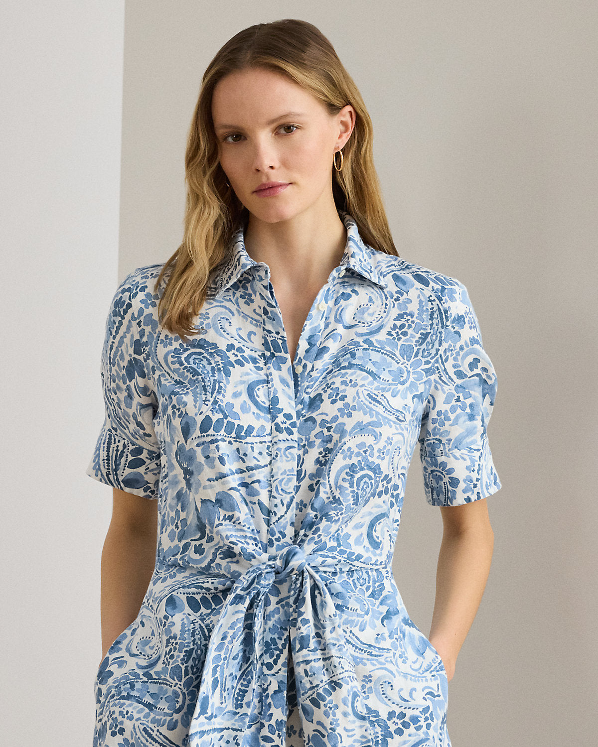 Paisley Tie-Front Linen Shirtdress