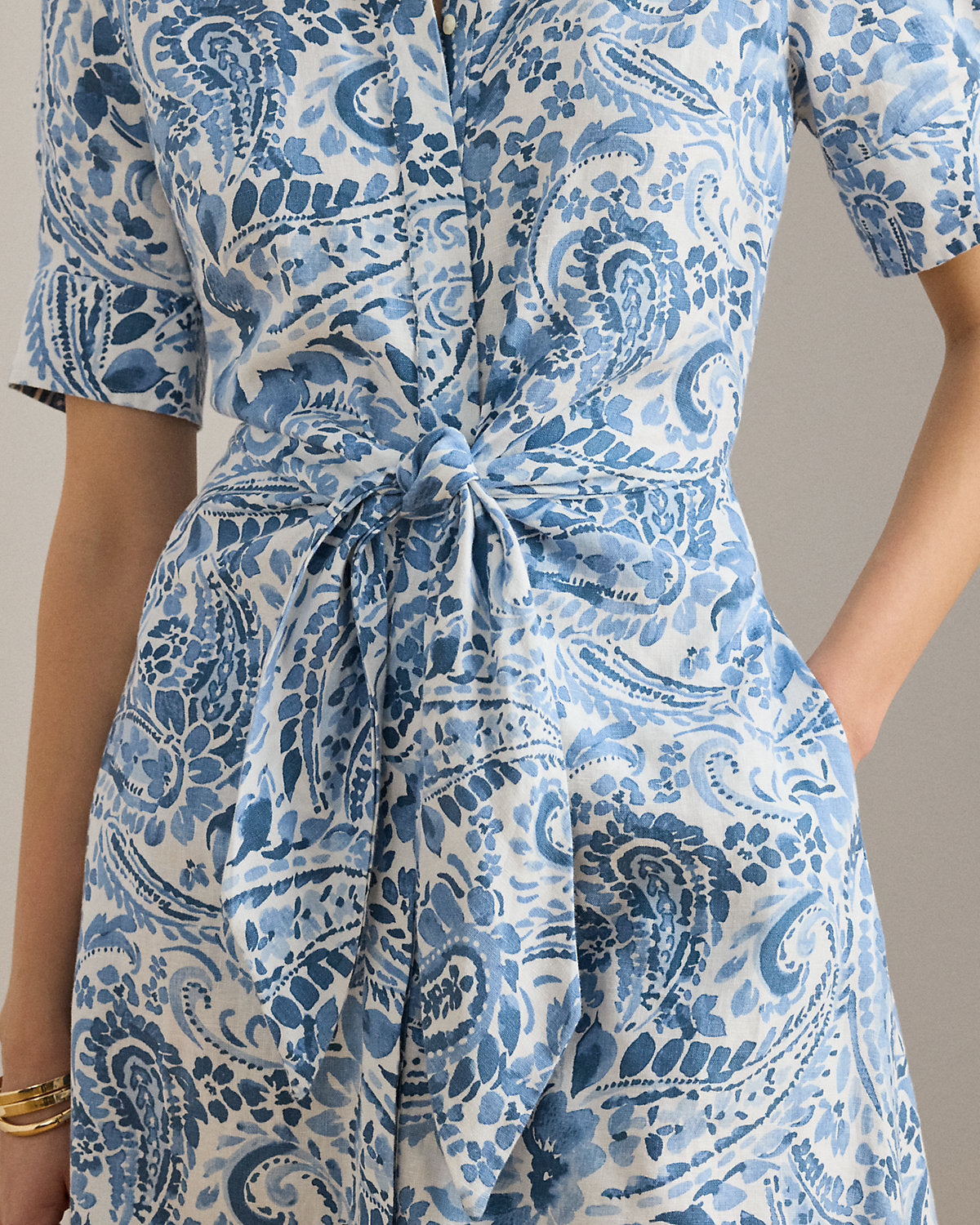 Paisley Tie-Front Linen Shirtdress