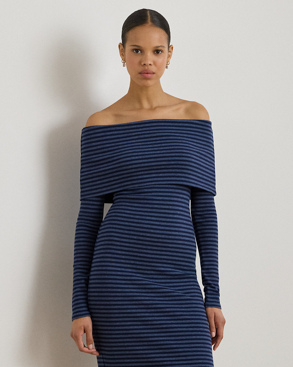 Striped Ribbed Off-the-Shoulder Dress