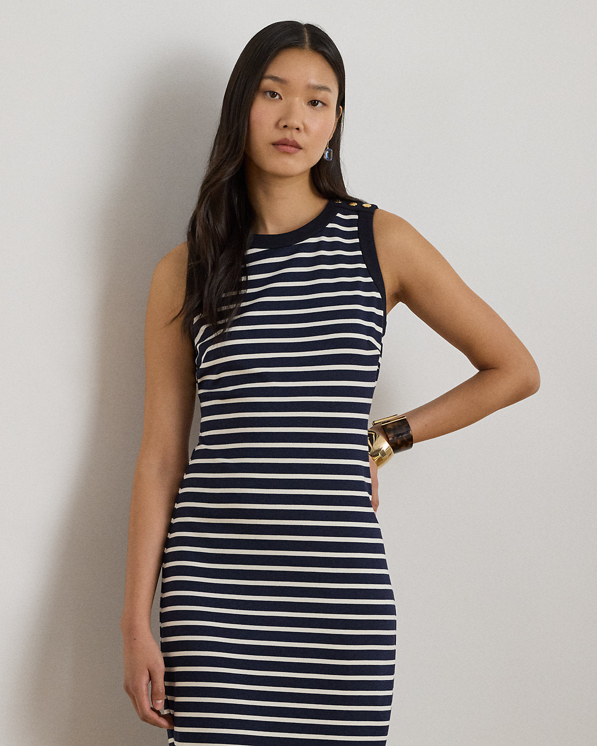 Striped Snap-Trim Ponte Sheath Dress