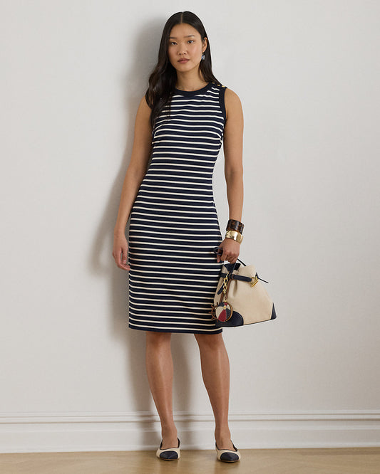 Striped Snap-Trim Ponte Sheath Dress