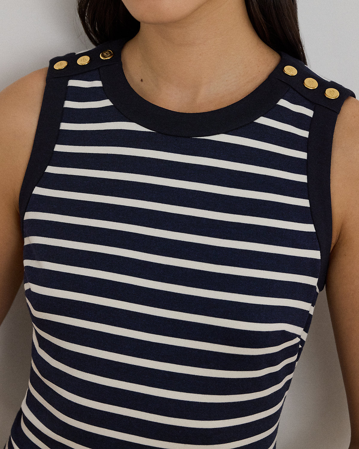 Striped Snap-Trim Ponte Sheath Dress