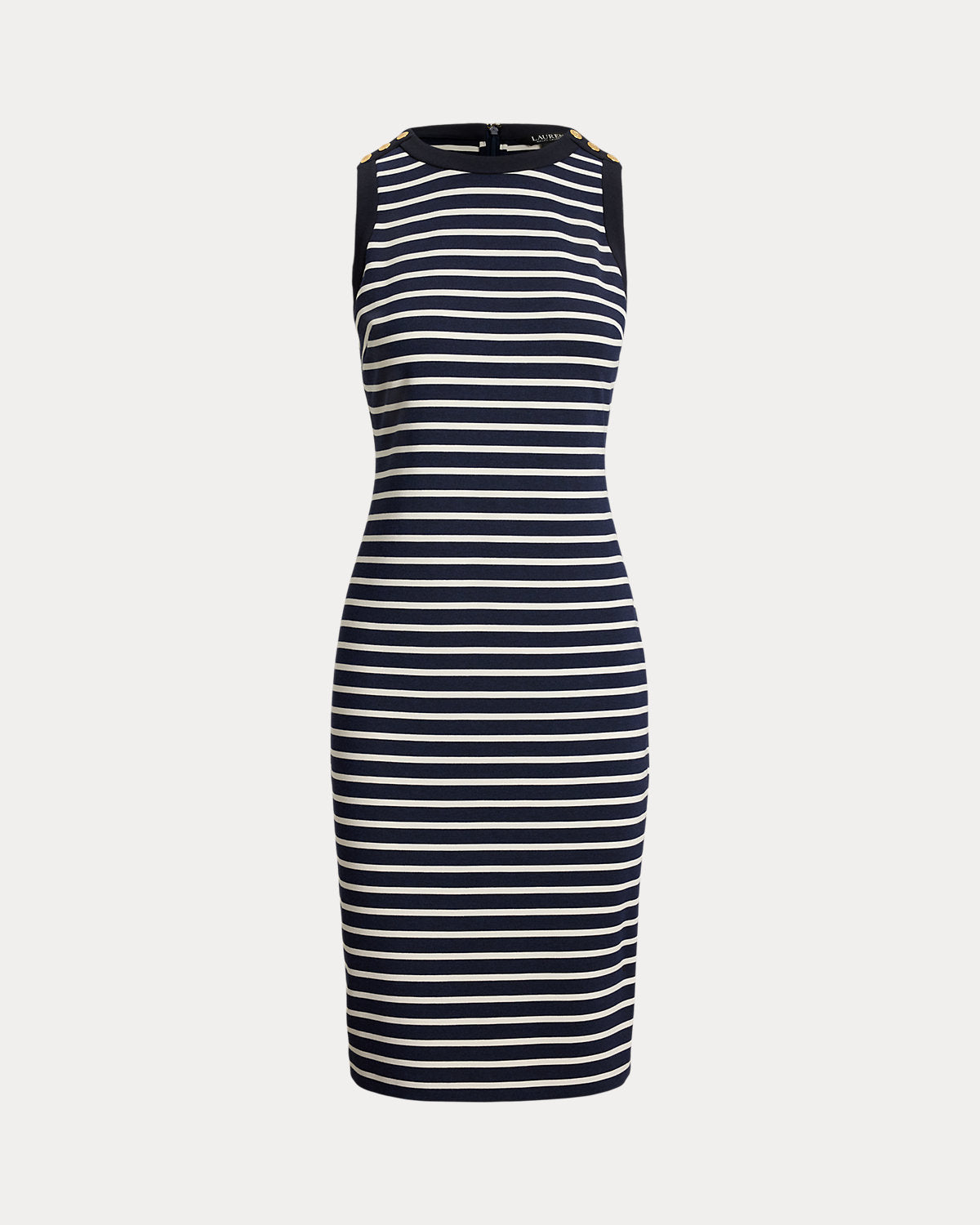 Striped Snap-Trim Ponte Sheath Dress