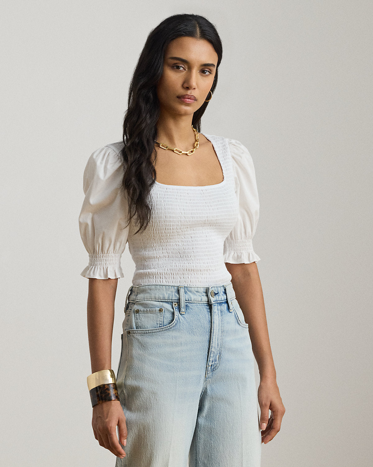 Smocked Cotton Jersey Puff-Sleeve Top