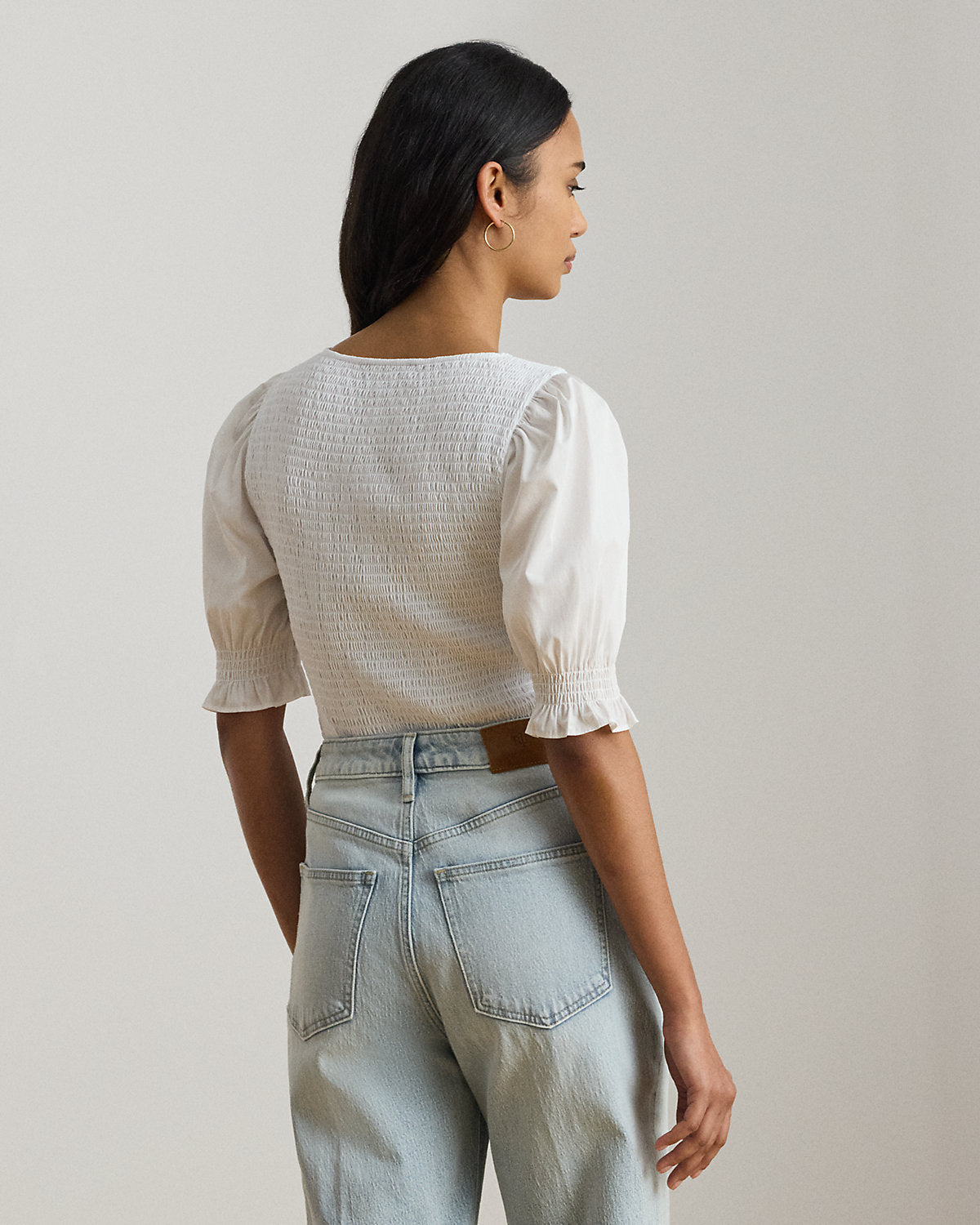 Smocked Cotton Jersey Puff-Sleeve Top