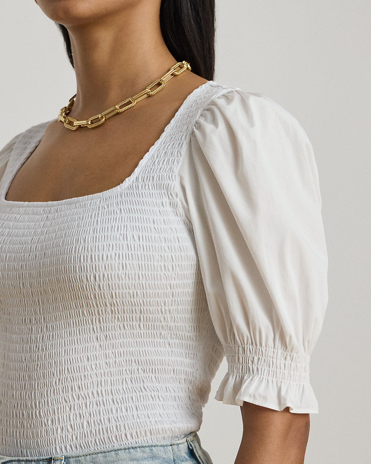 Smocked Cotton Jersey Puff-Sleeve Top
