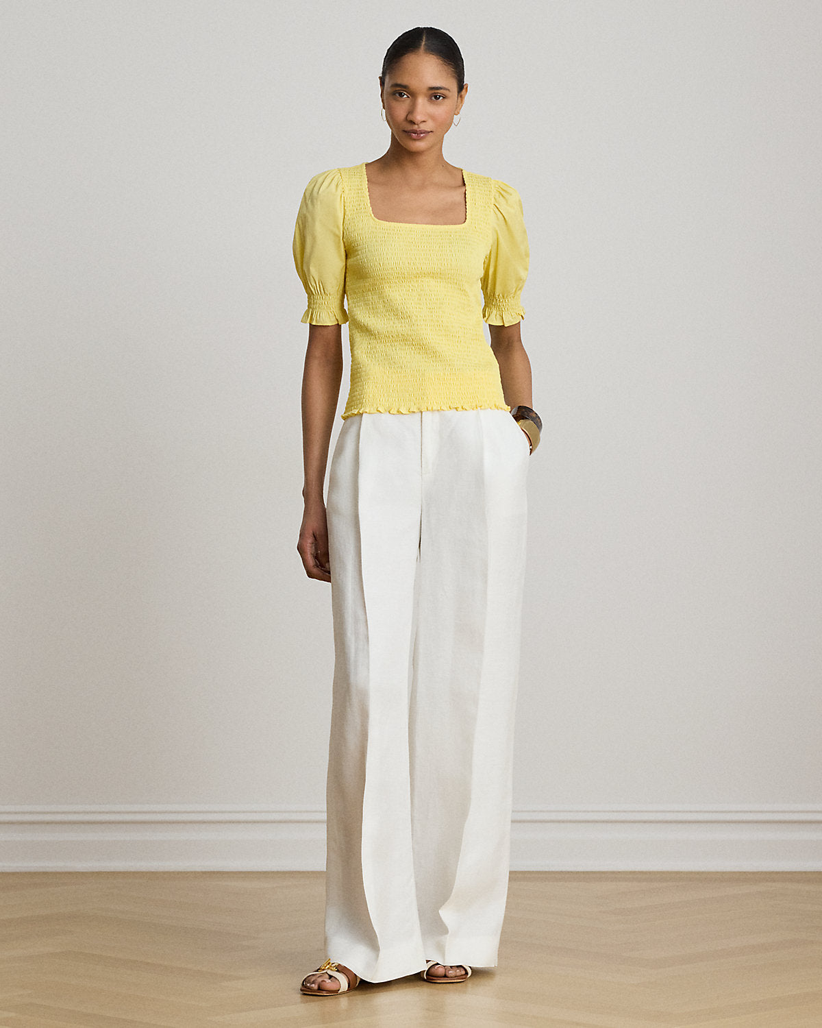 Smocked Cotton Jersey Puff-Sleeve Top