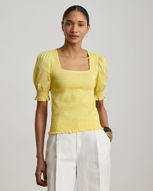 Smocked Cotton Jersey Puff-Sleeve Top