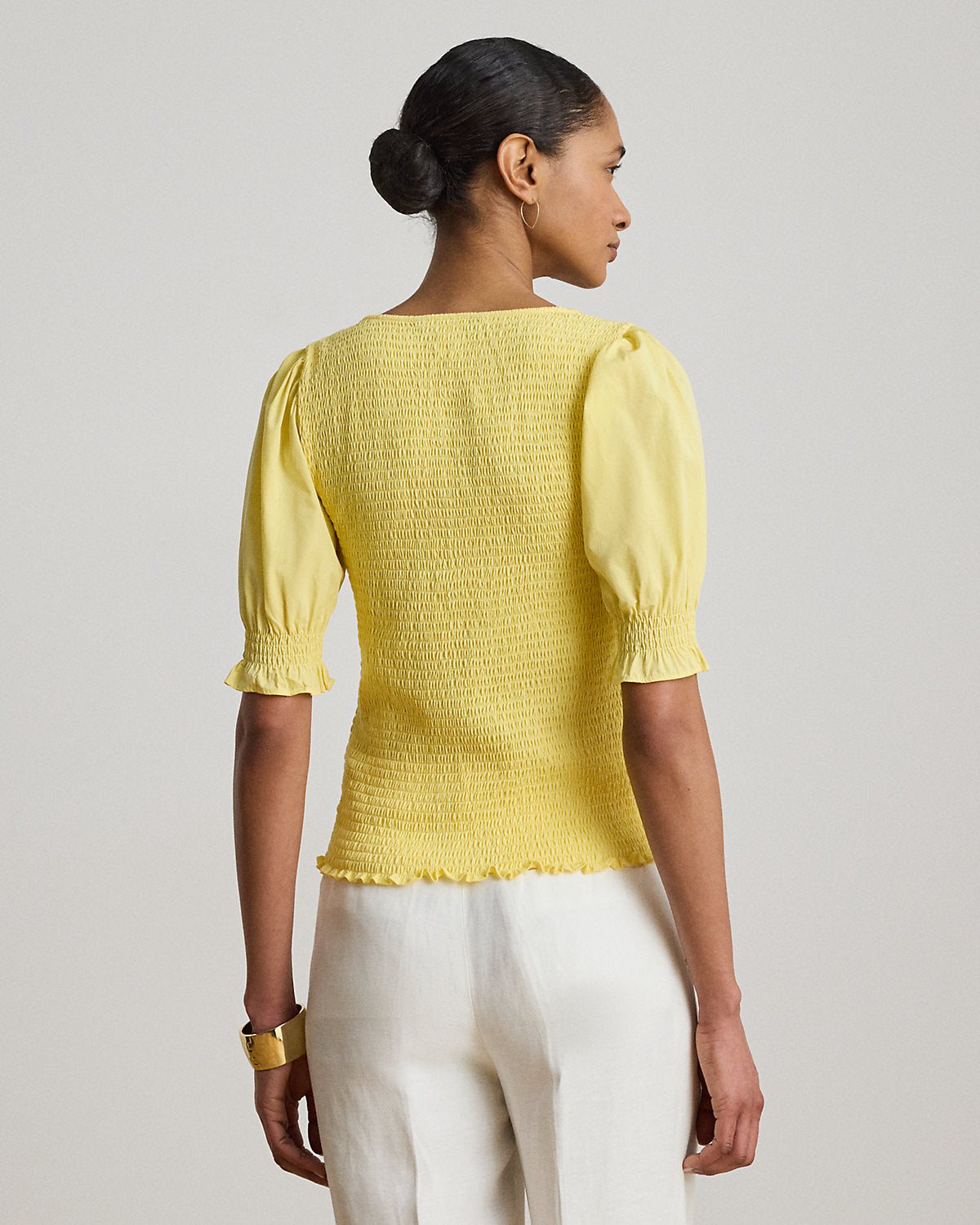 Smocked Cotton Jersey Puff-Sleeve Top