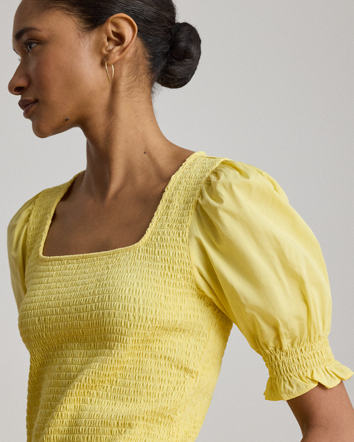 Smocked Cotton Jersey Puff-Sleeve Top