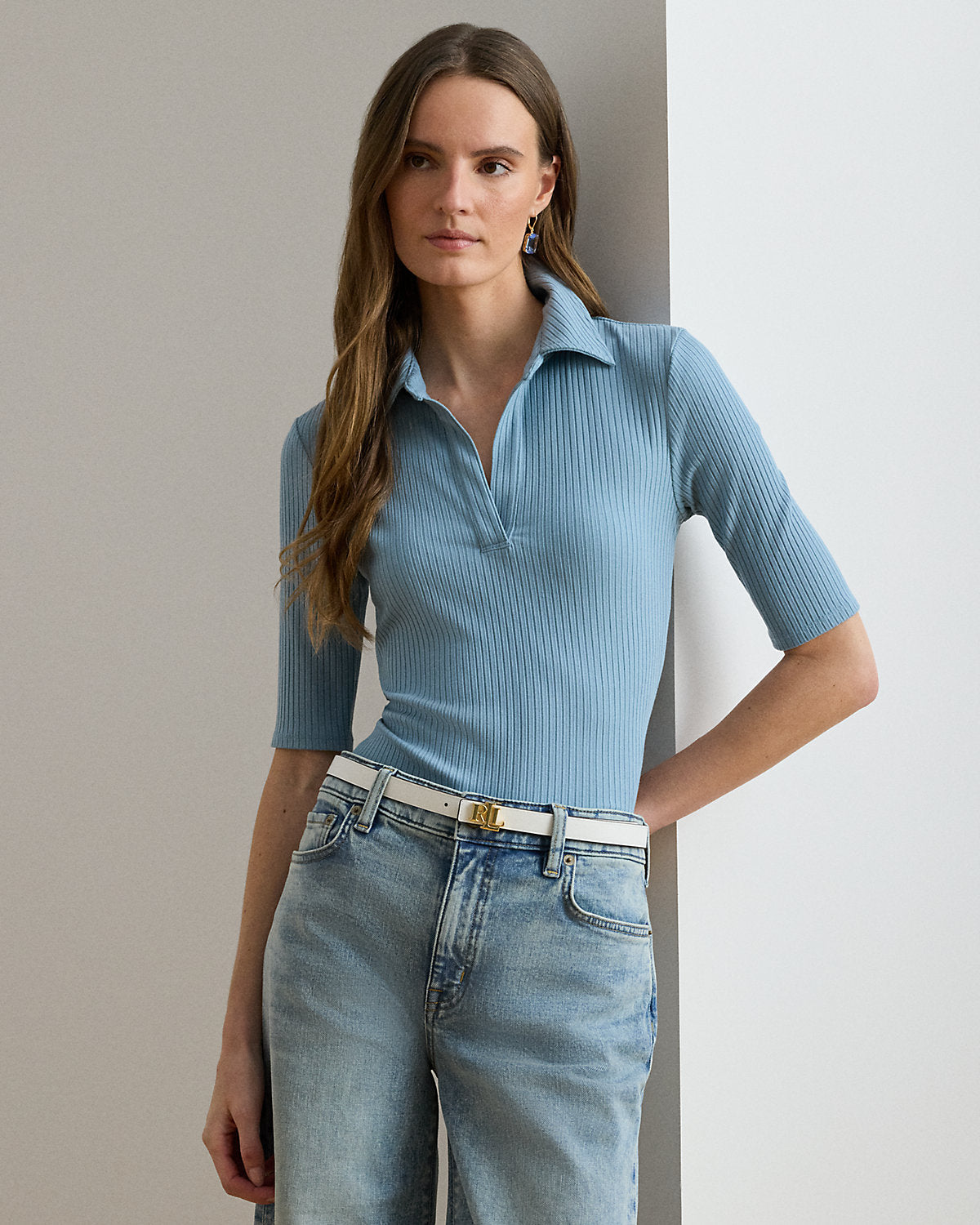 Rib-Knit Elbow-Sleeve Polo Tee