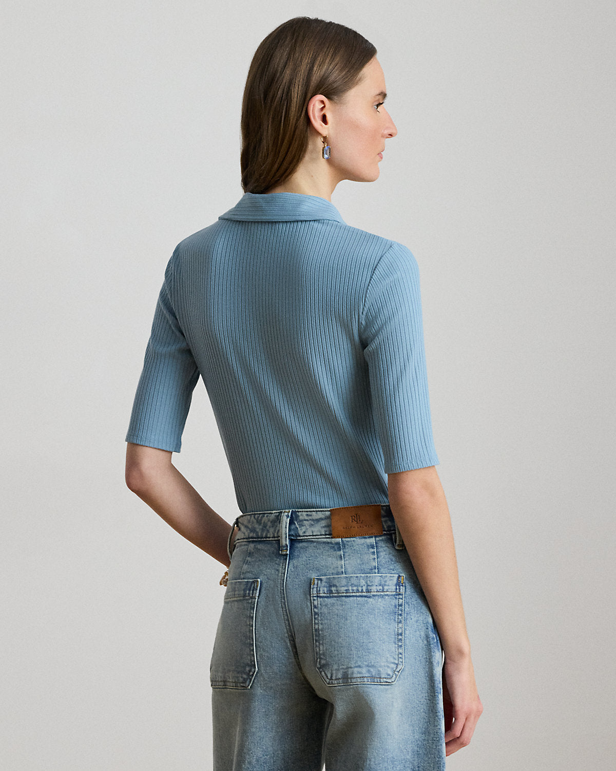Rib-Knit Elbow-Sleeve Polo Tee