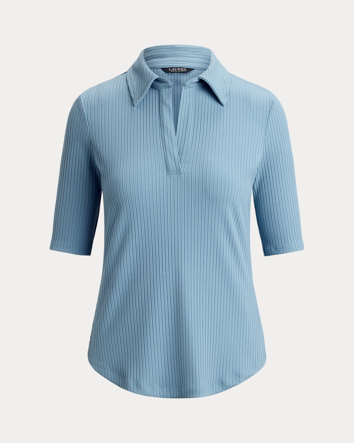 Rib-Knit Elbow-Sleeve Polo Tee