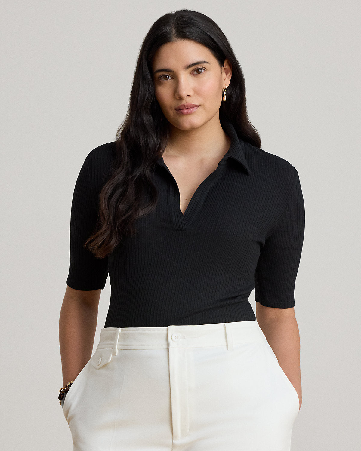 Rib-Knit Elbow-Sleeve Polo Tee