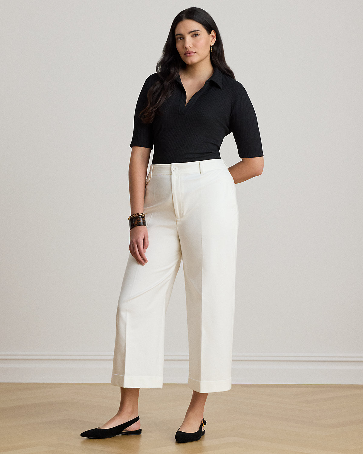 Rib-Knit Elbow-Sleeve Polo Tee