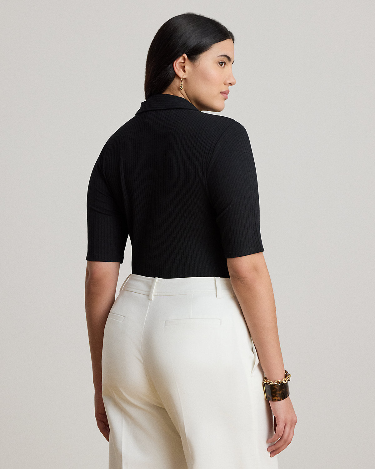 Rib-Knit Elbow-Sleeve Polo Tee