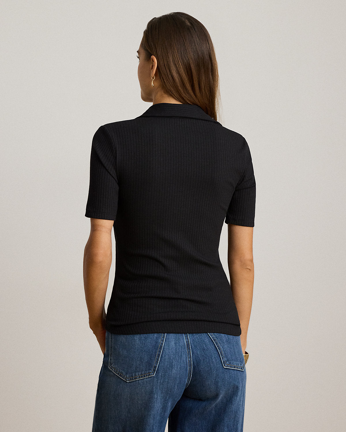 Rib-Knit Elbow-Sleeve Polo Tee