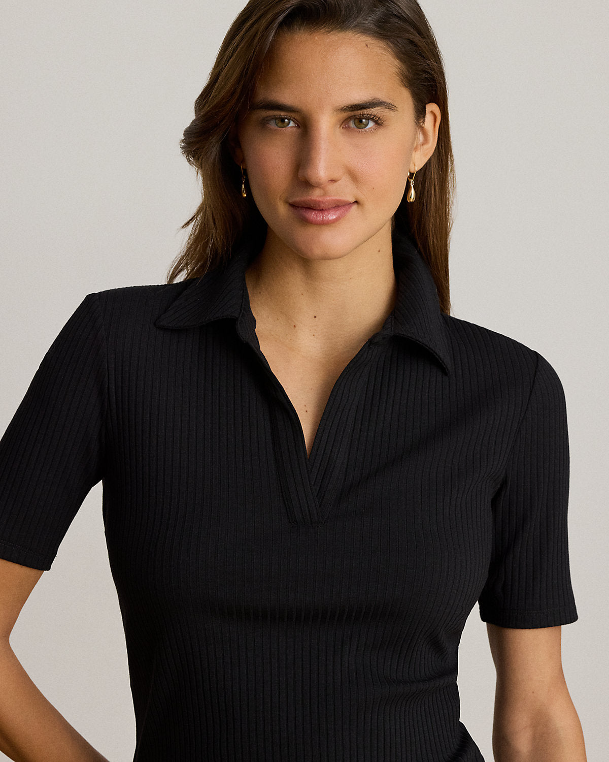 Rib-Knit Elbow-Sleeve Polo Tee