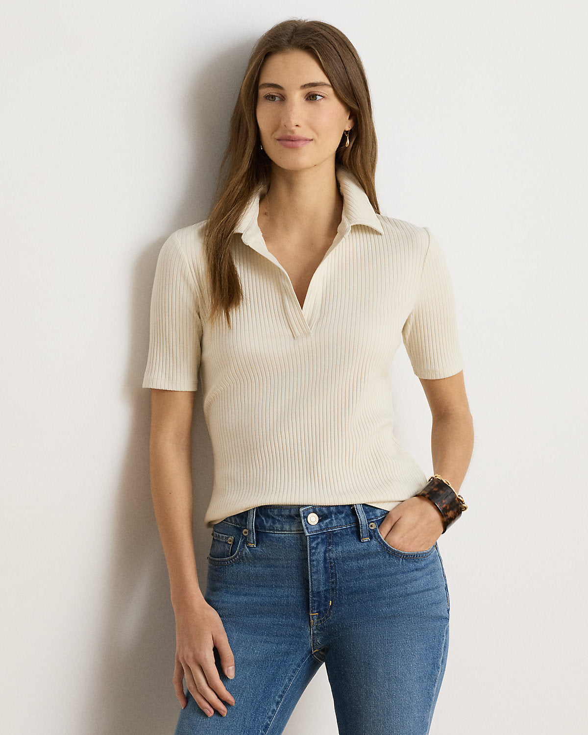 Rib-Knit Elbow-Sleeve Polo Tee